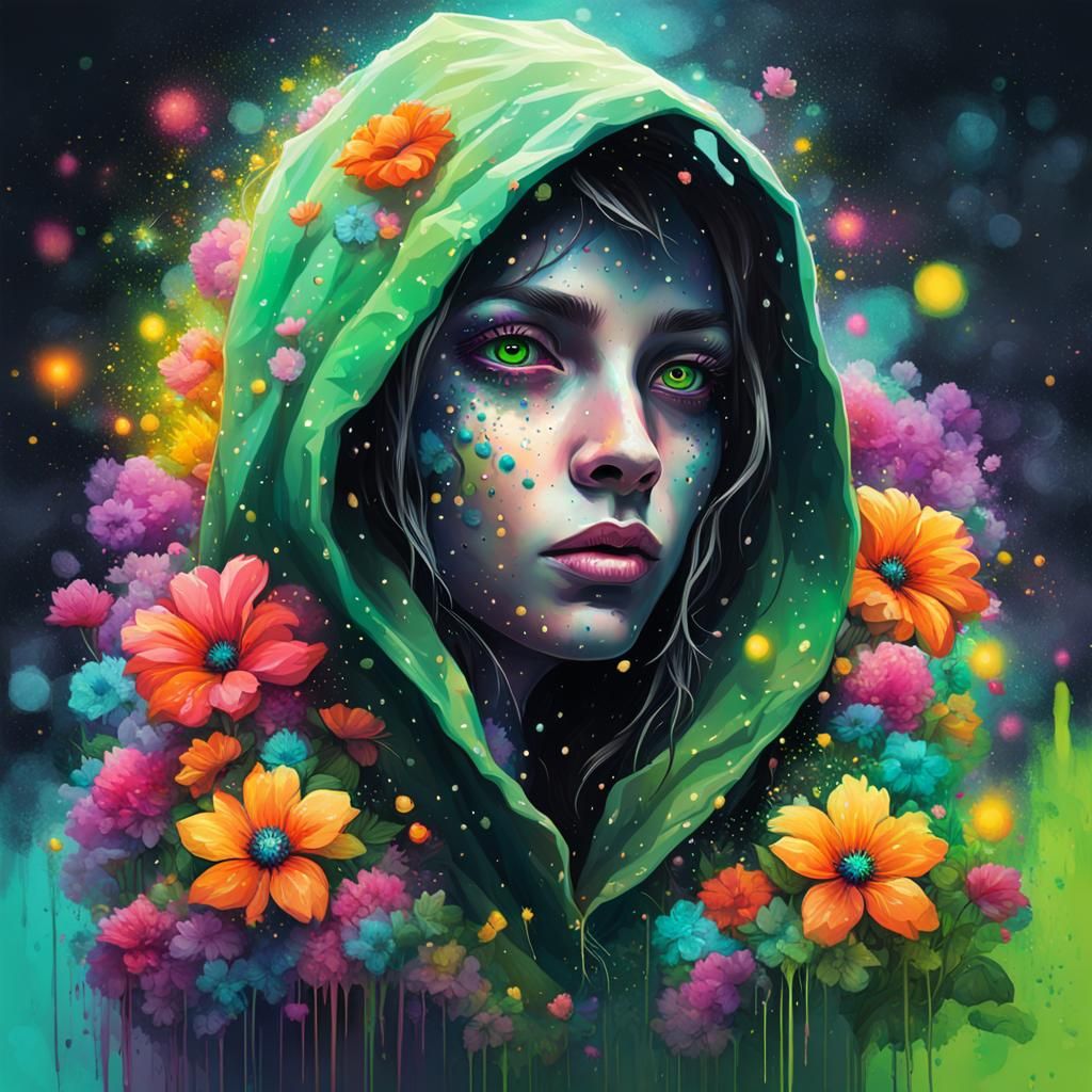 Gorgeous Hooded Alien in Graffiti Street Art