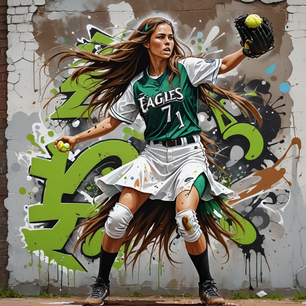 Girl Softball Pitcher in Graffiti Street Art