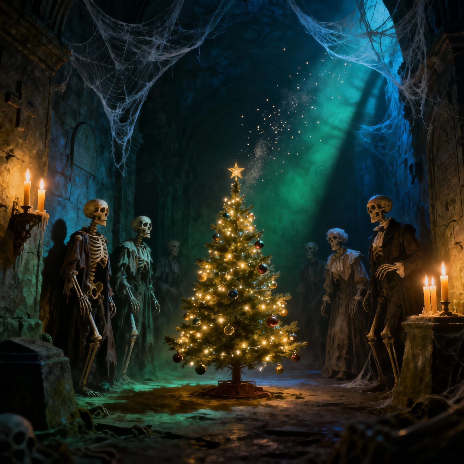 Eerie Christmas Crypt Scene with Bewildered Skeletons