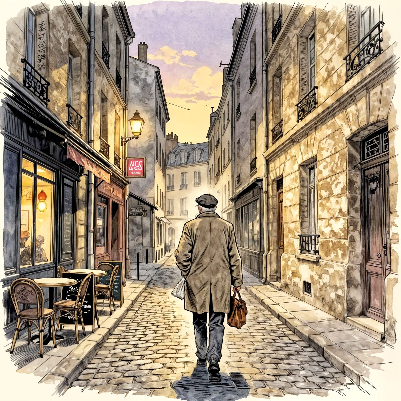 Parisian Backstreet Evening in Comic Style