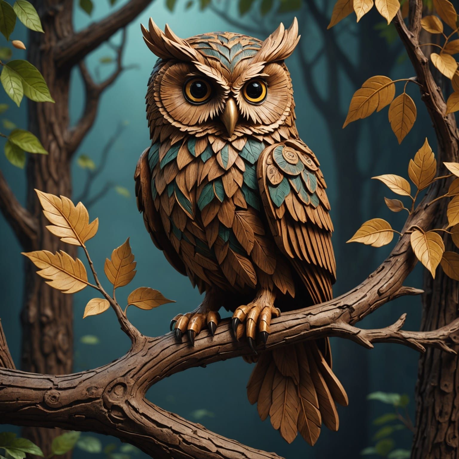 Detailed Wood Carving of Owl on Branch