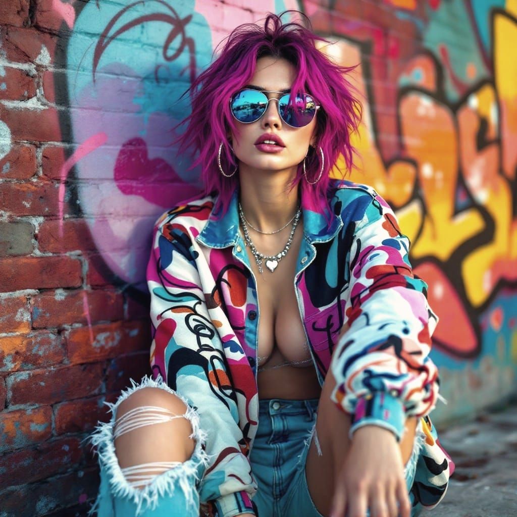 Confident Woman in Vibrant Graffiti-Lined Alleyway