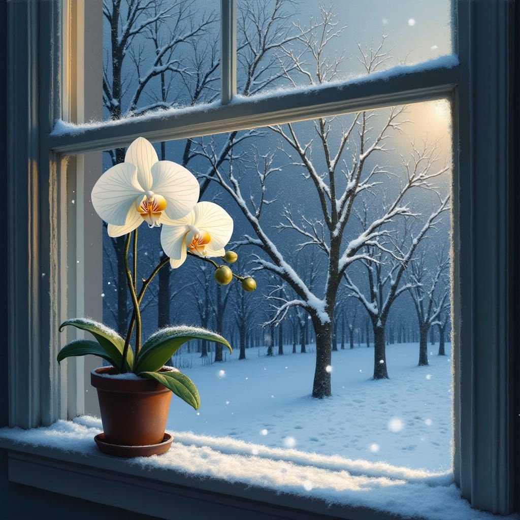 Ethereal Winter Orchid Scene in Impressionist Style