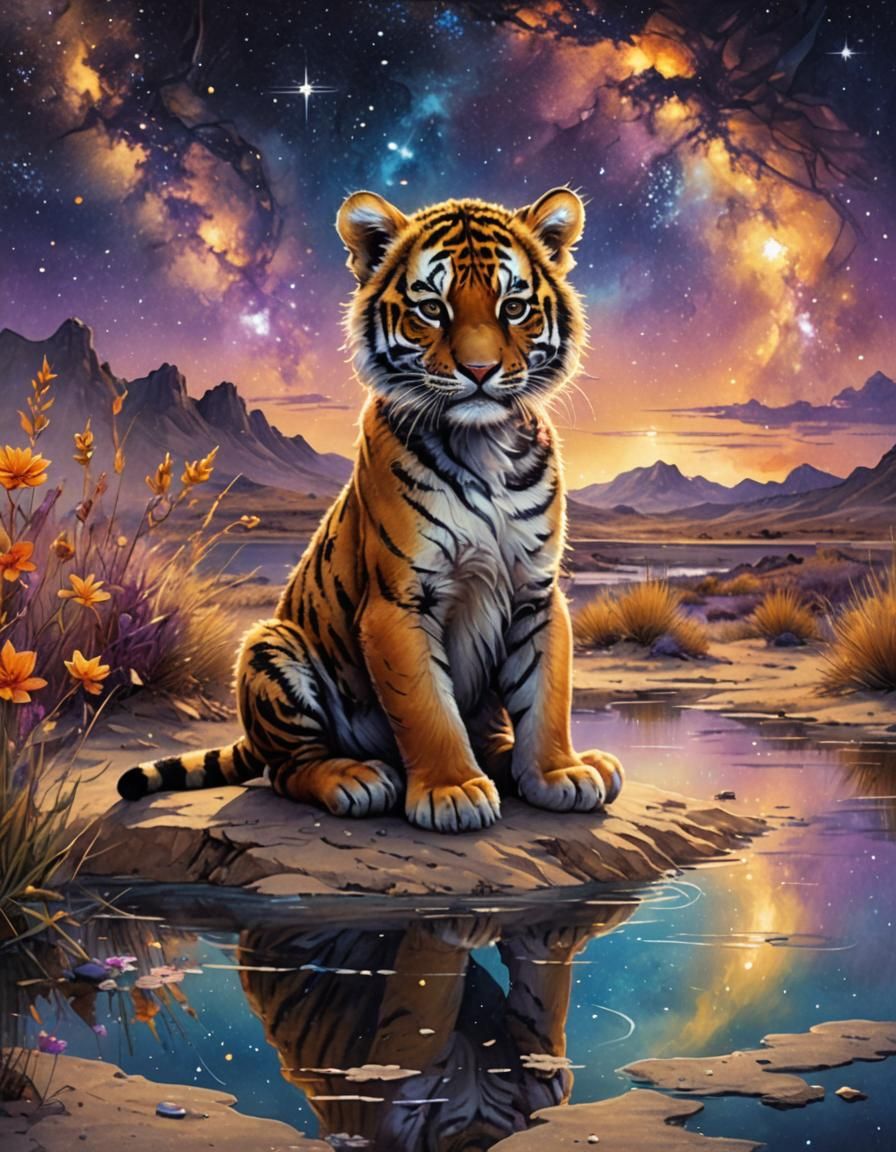Baby Tiger on Desert Lake in Arthur Rackham Style