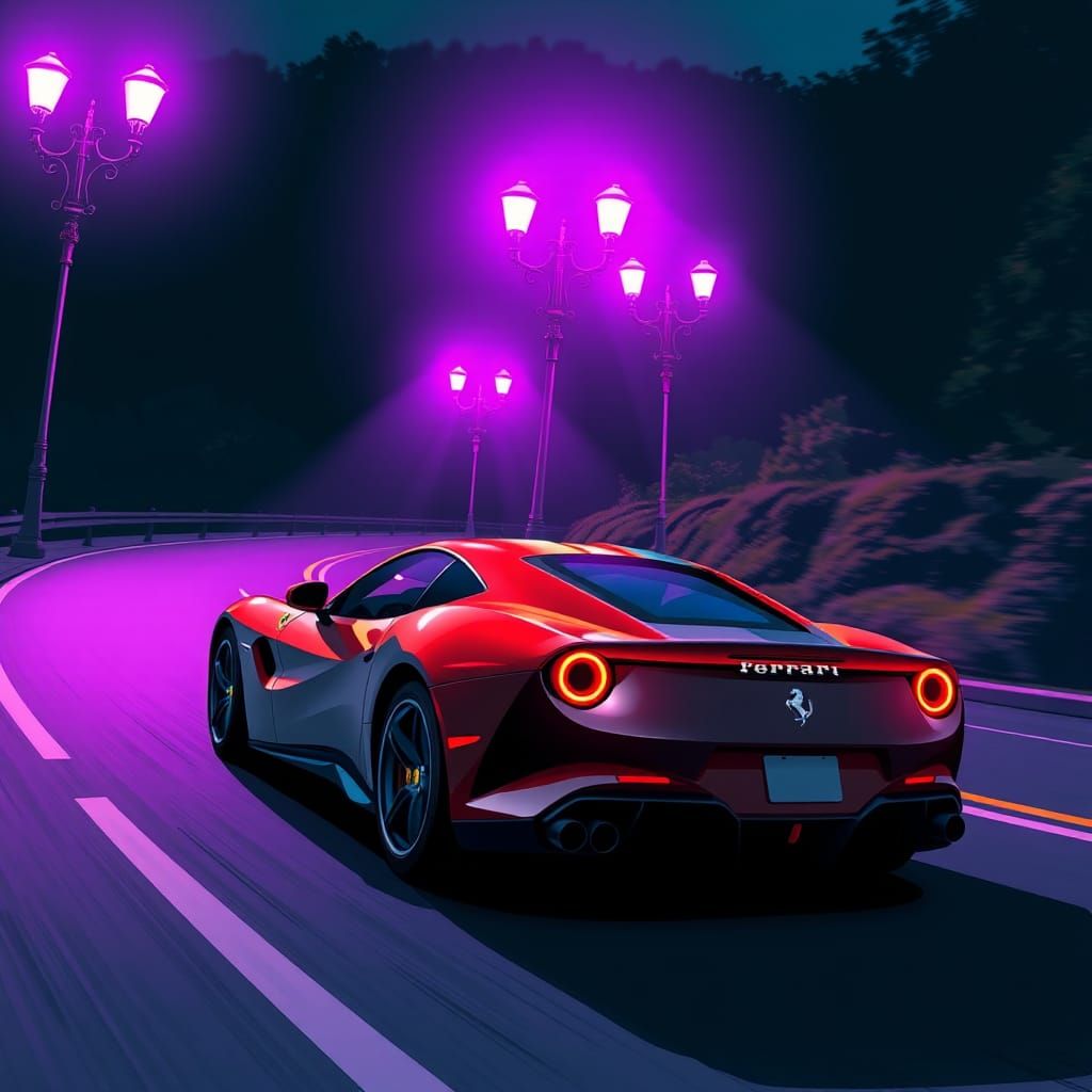 Ferrari Roma in Purple Light, Comic Book Art