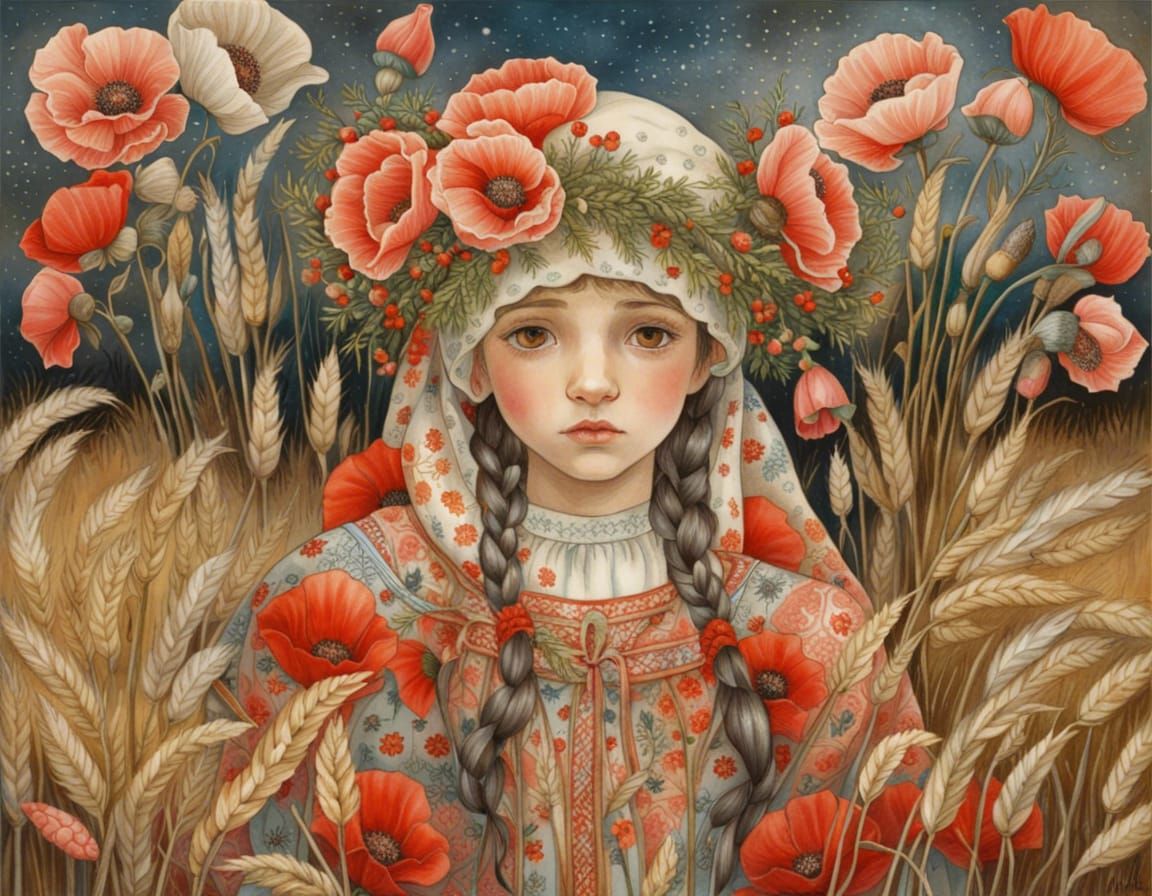 Sad Ukrainian Girl with Poppy Wreath in Field