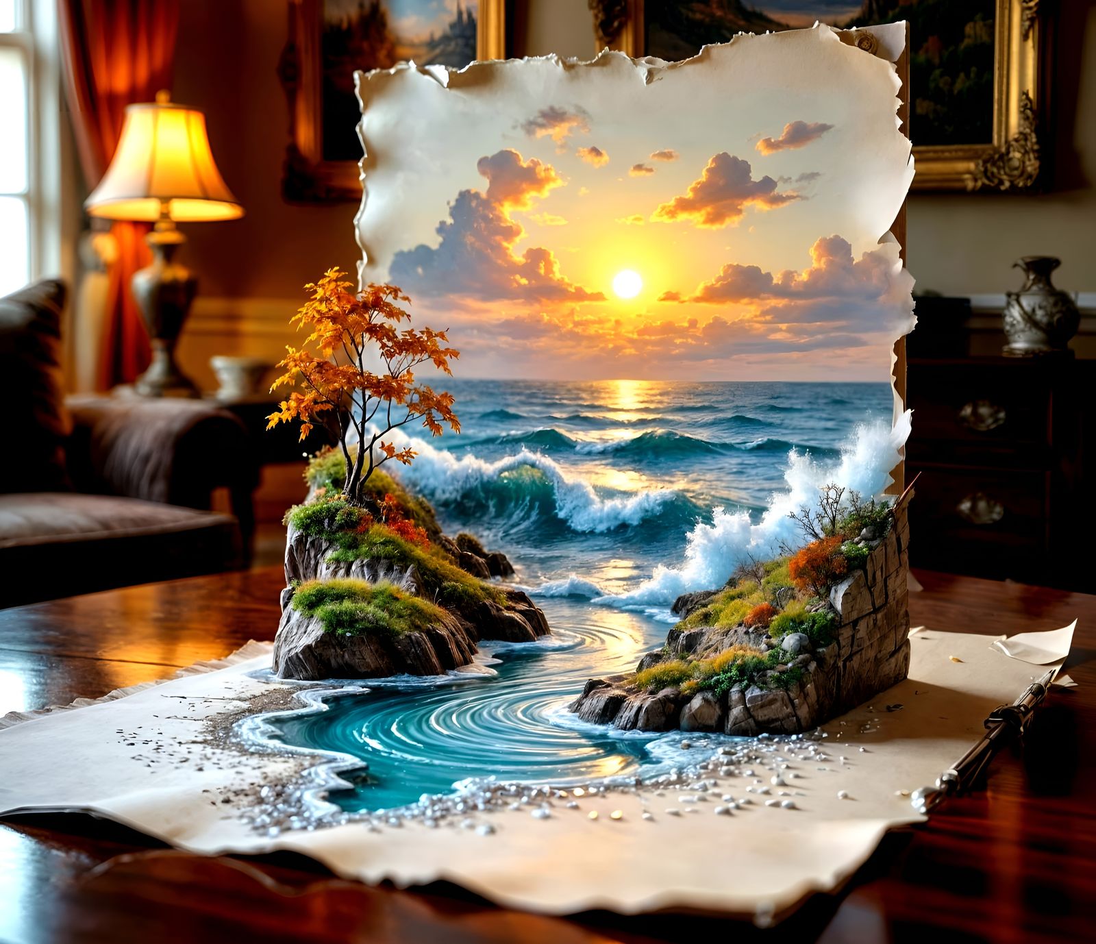 Autumn Landscape Seascape Pencil Drawing