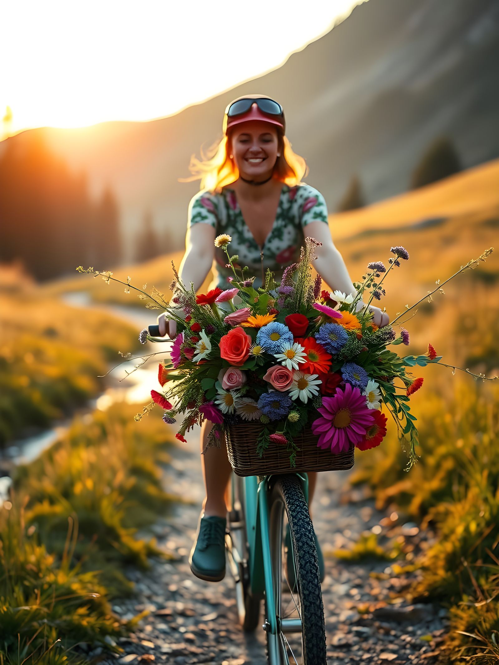 Woman Rides Bike Through Meadow at Sunrise