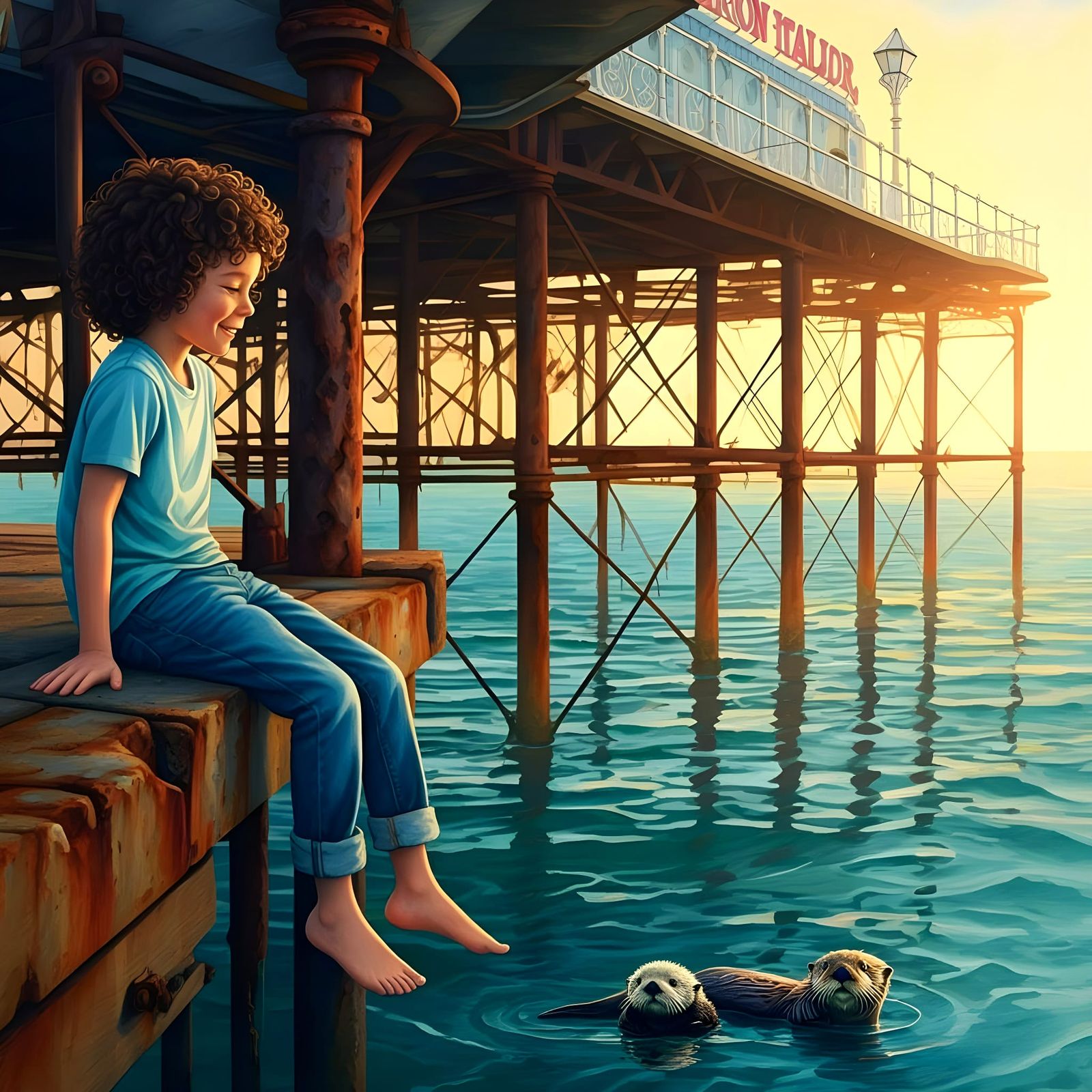 Brighton Pier Boy Watches Serene Otter Family in Sunshine