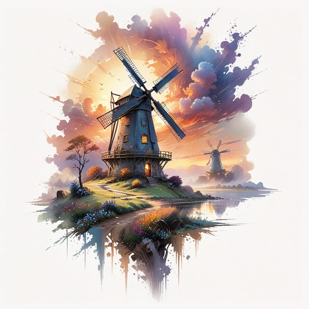 Windmill at Sunset in Dreamy Pastel Watercolour Style