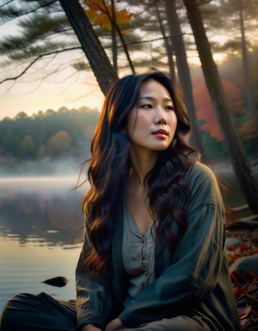 Korean Woman Meditating in Autumn Forest, Chiaroscuro Style