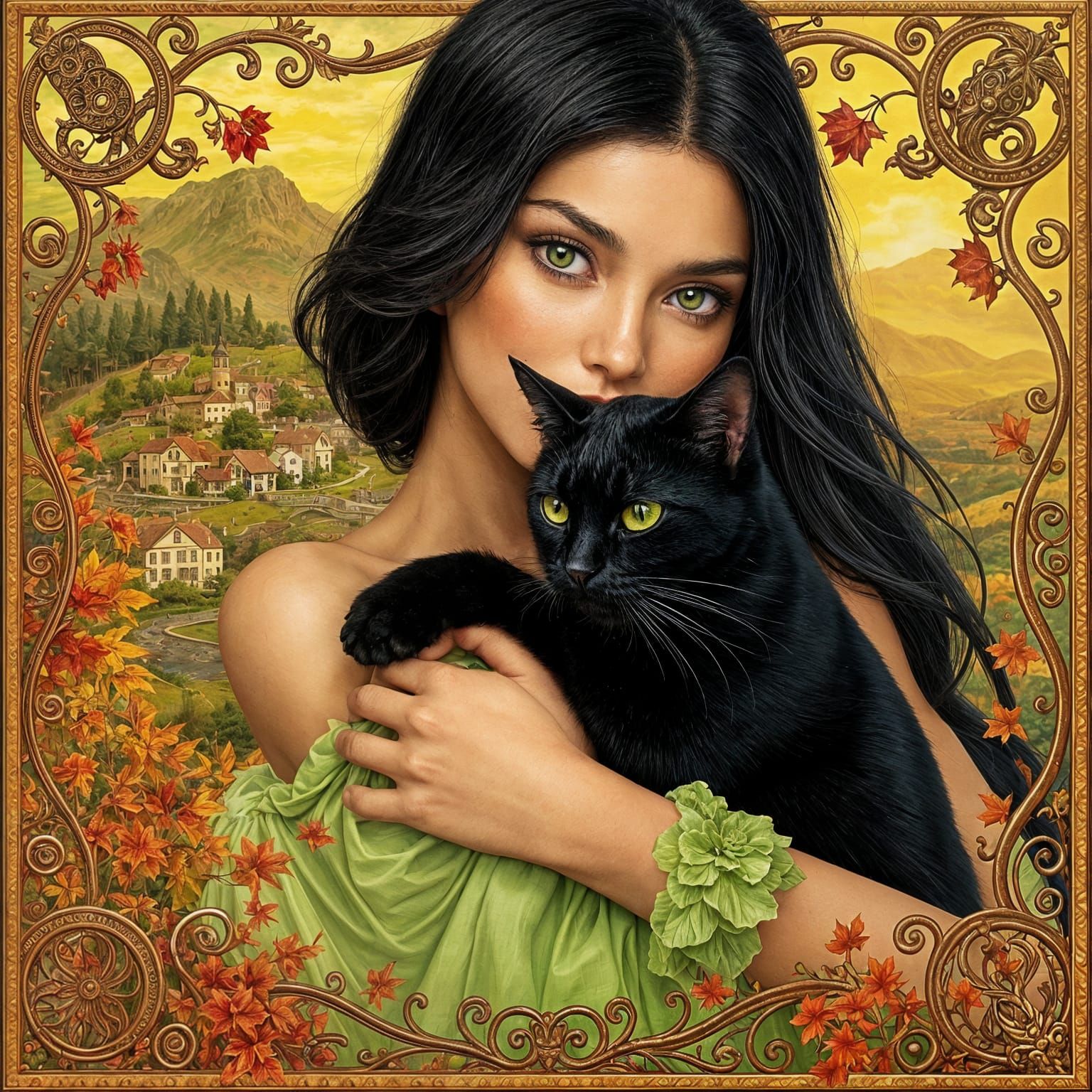 Woman Surrounded by Art Nouveau Border in a Fantasy Village