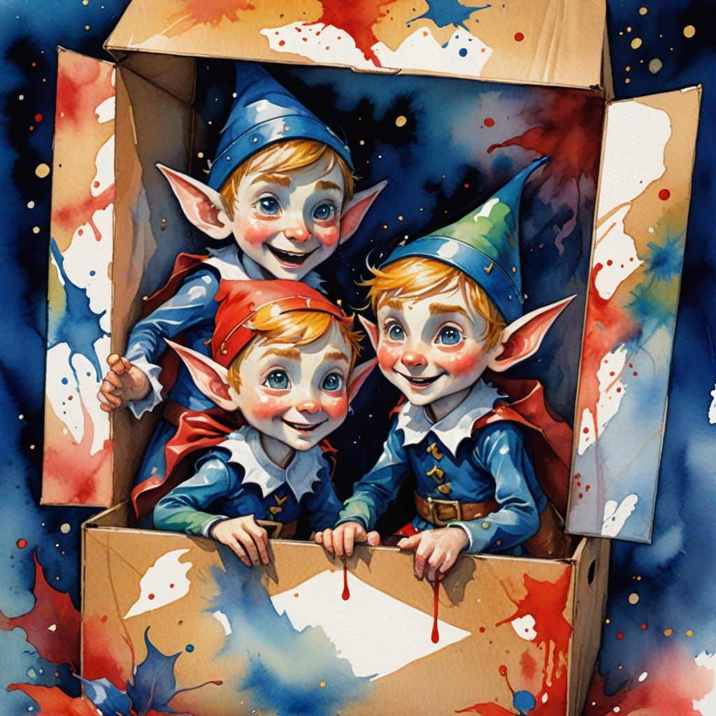 Elves Play in Cardboard Box: Watercolor Illustration