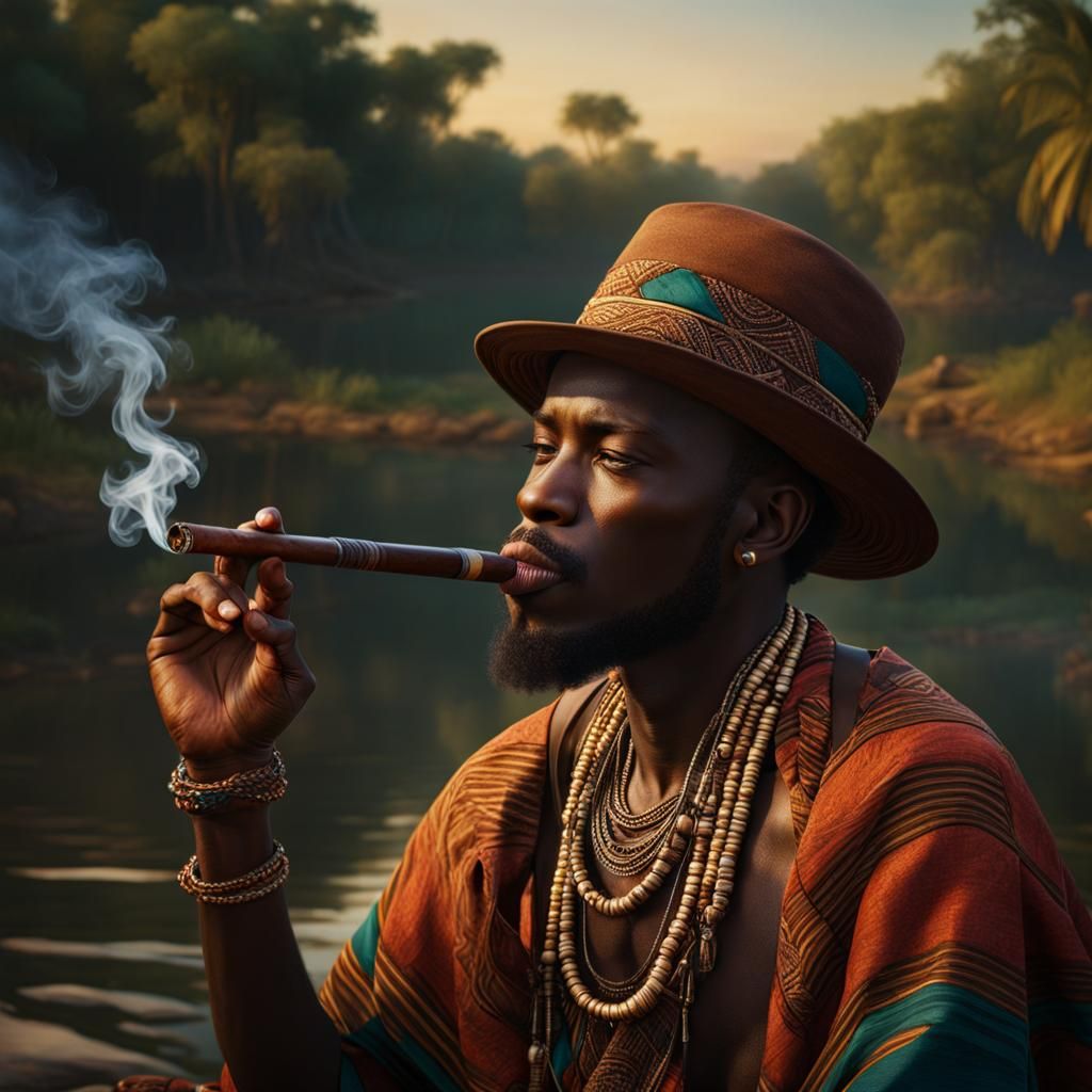 African Man Smoking Pipe: Hyperrealistic Portrait