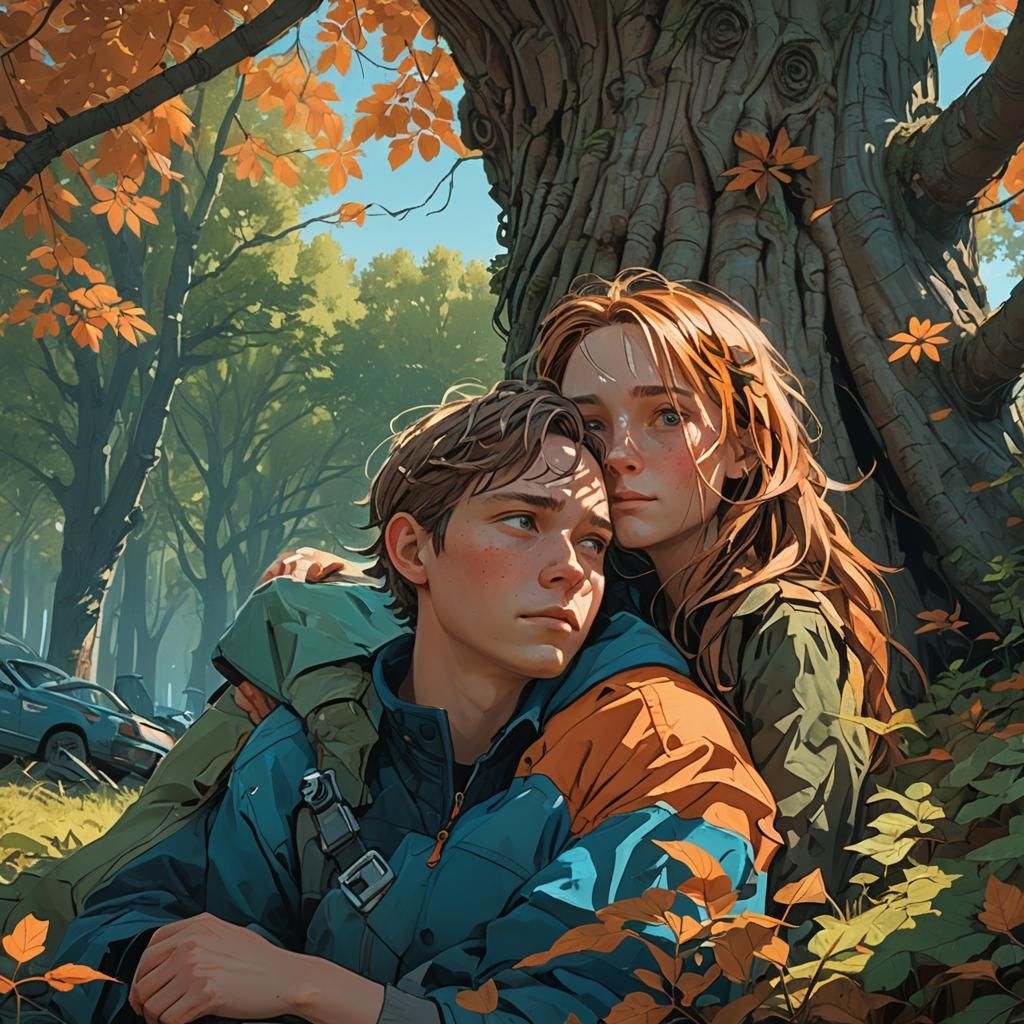 Lovers Under Tree in Fantasy Realism Style