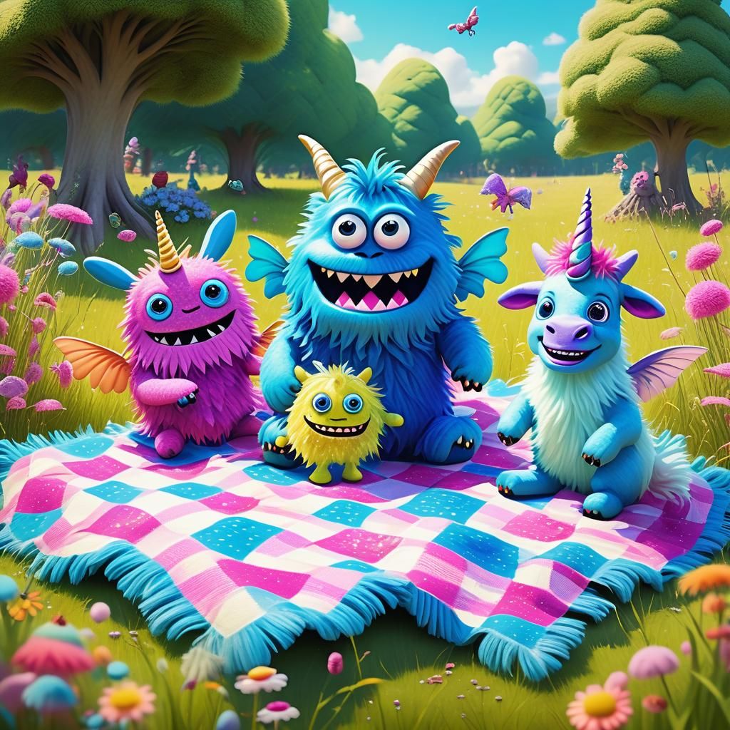 Whimsical Monster Picnic in a Sunny Meadow