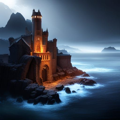 Dark Fantasy Castle on Cliff at Night