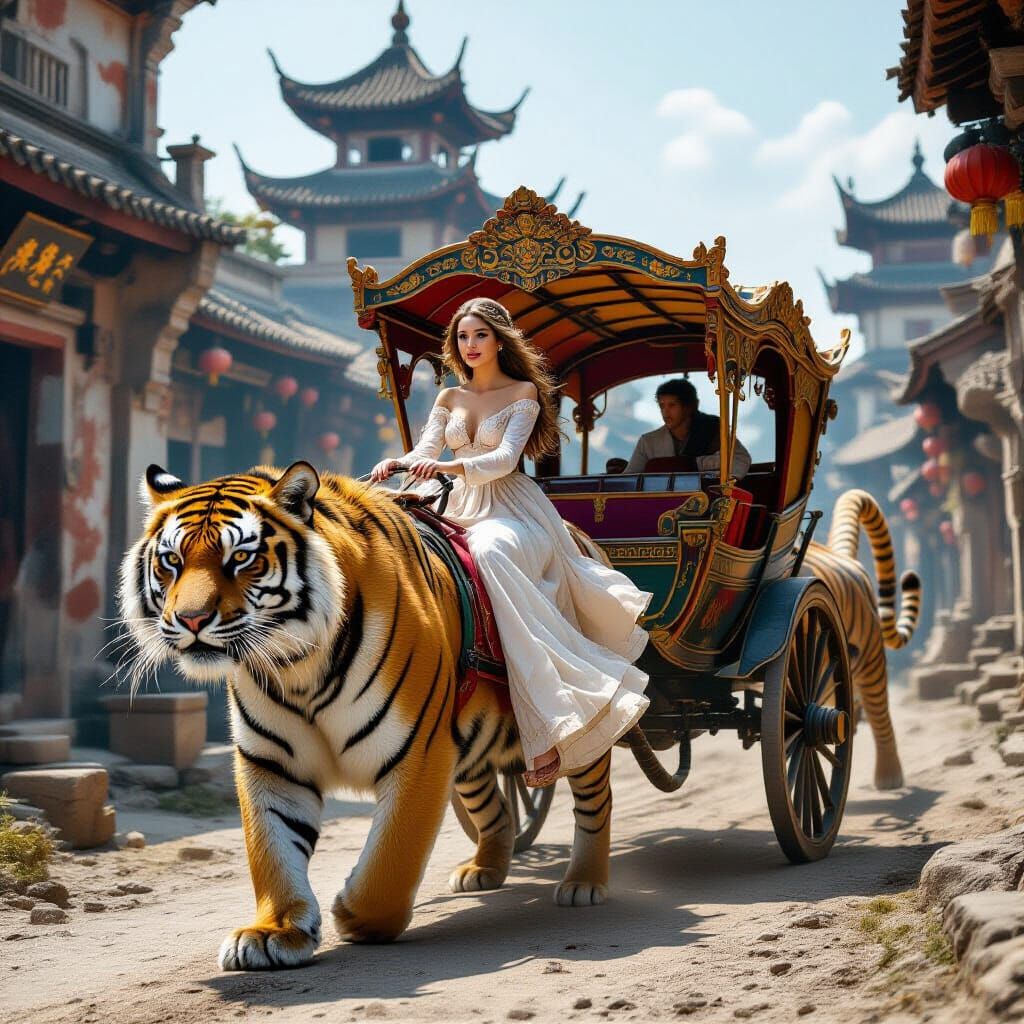 Girl and Tiger in Dragon Carriage Through Ruined City