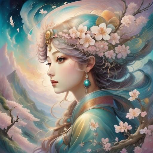 Magical Girl with Cherry Blossoms in Fantasy Art