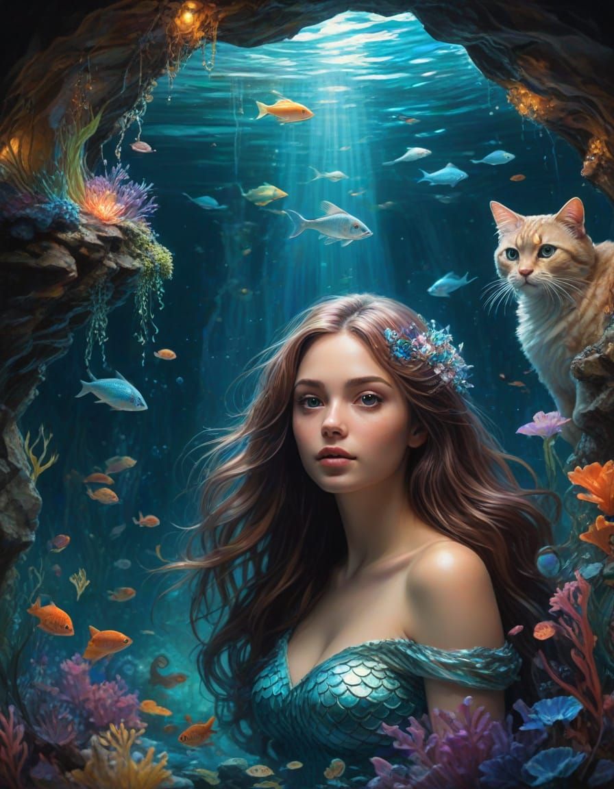 Whimsical Mermaid in Enchanted Underwater Lair
