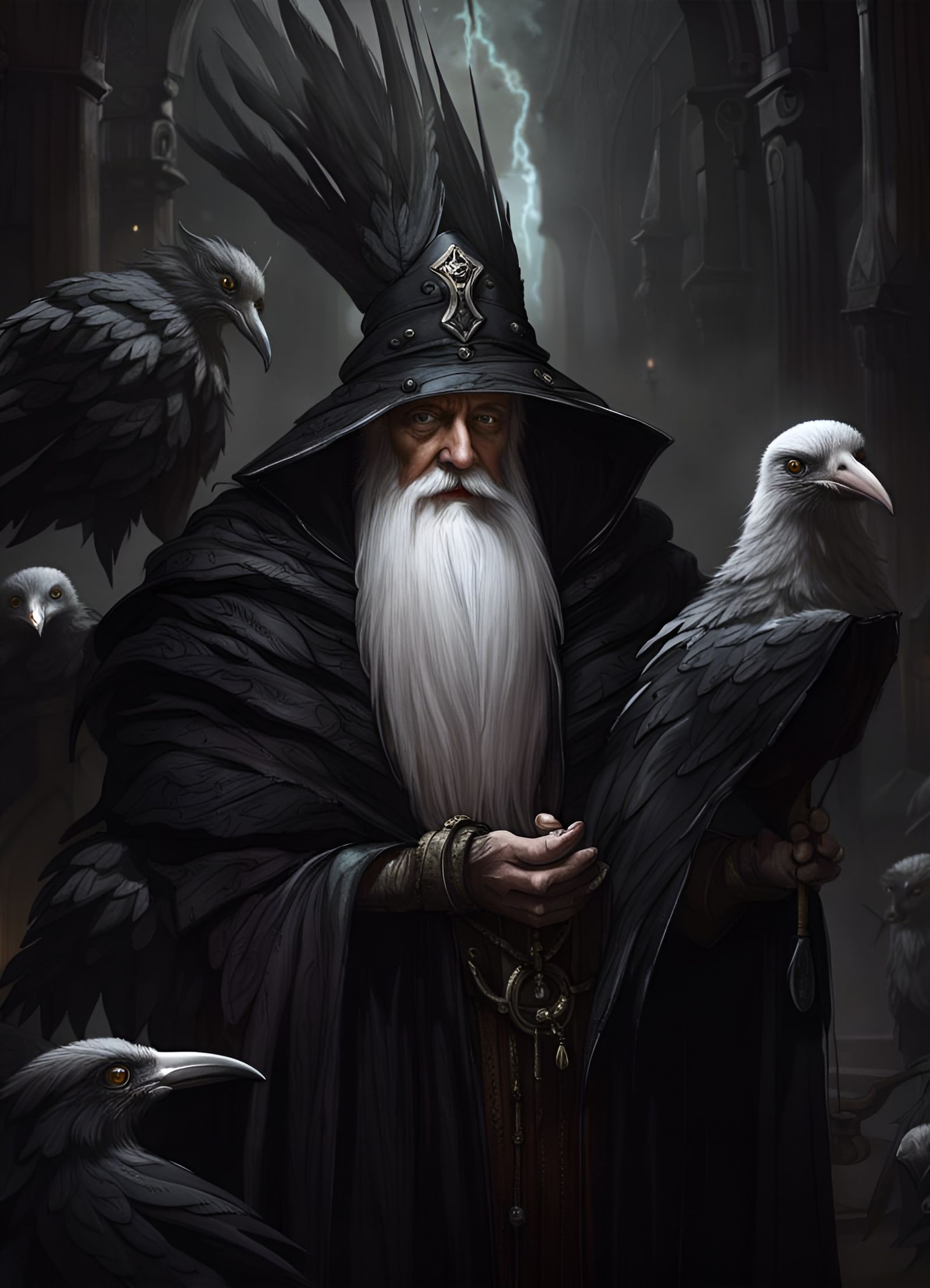 Detailed Sorcerer with Feathered Cloak, Dark Fantasy Art