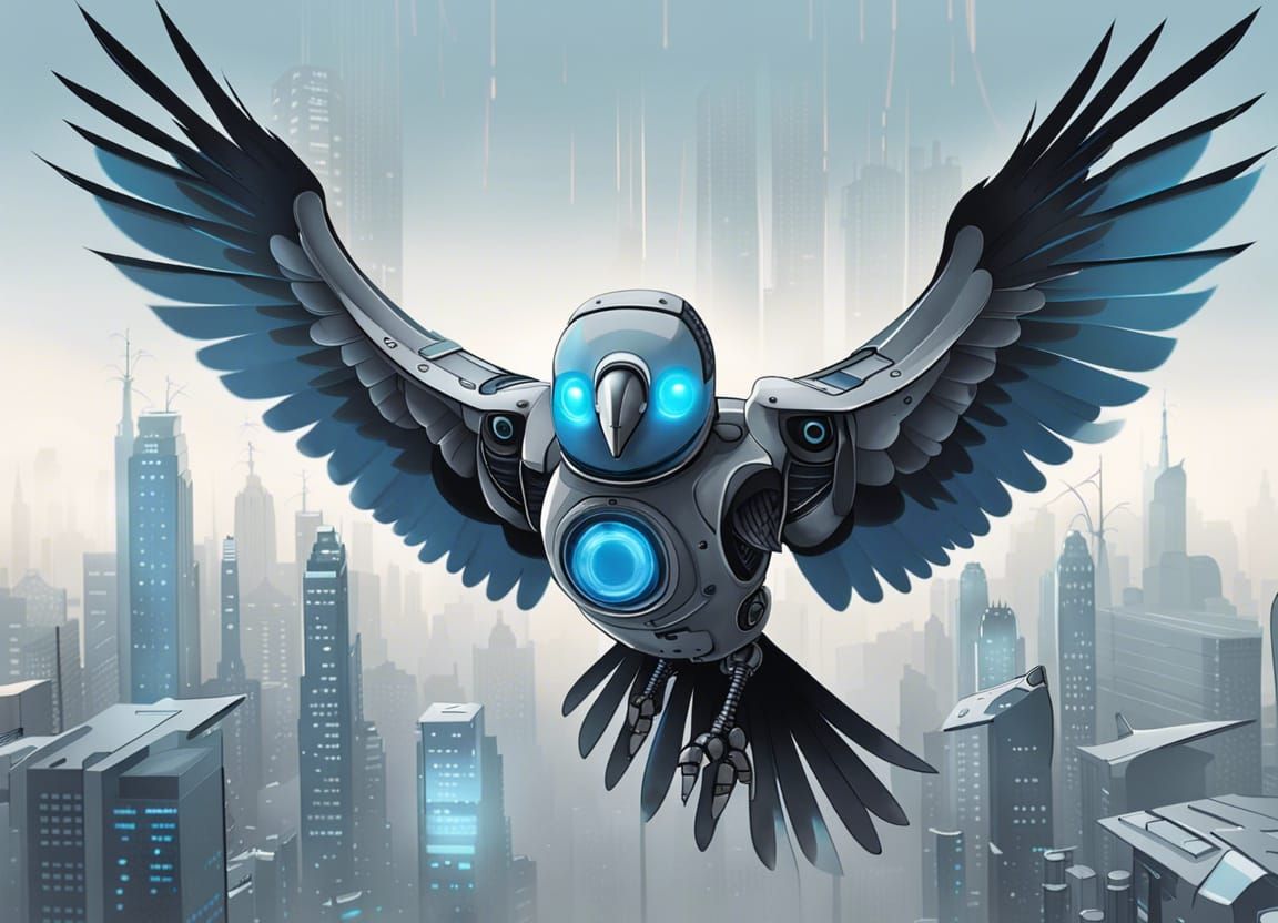 Robot Crow Soaring Over Futuristic Cityscape