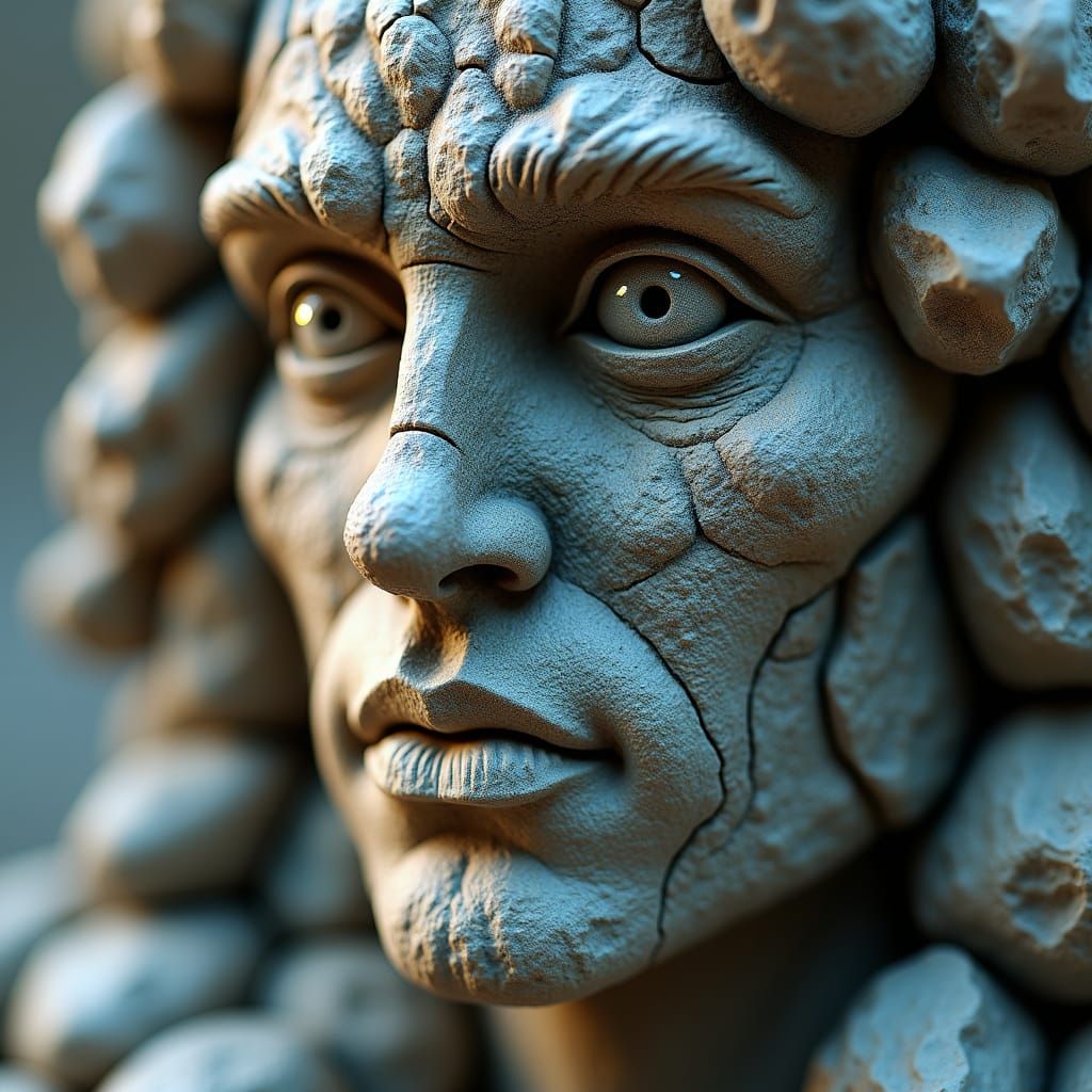 A close up of a man face made of rocks, stone art, detailed ...