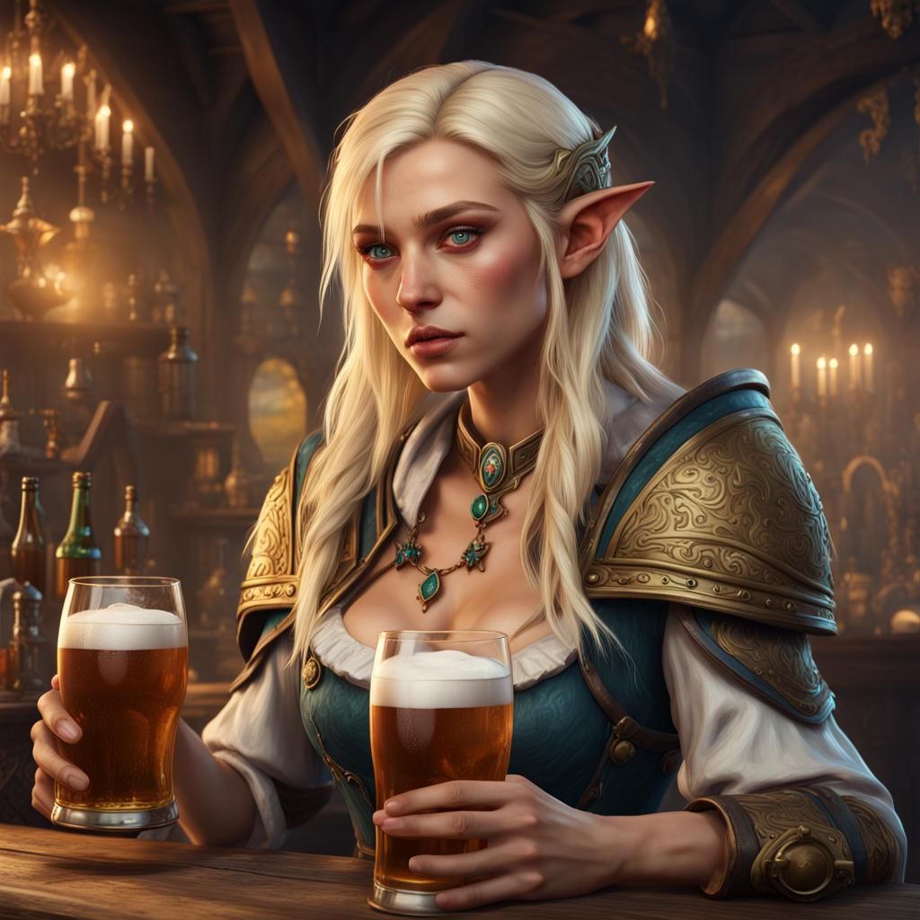 High Elf Innkeeper with Beers, Fantasy Concept Art