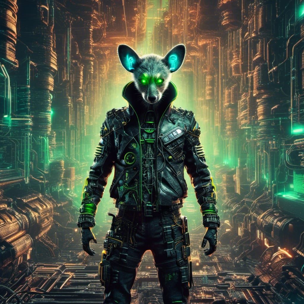 Cybernetic Rat in Dystopian Cityscape: Surreal Photofantasy