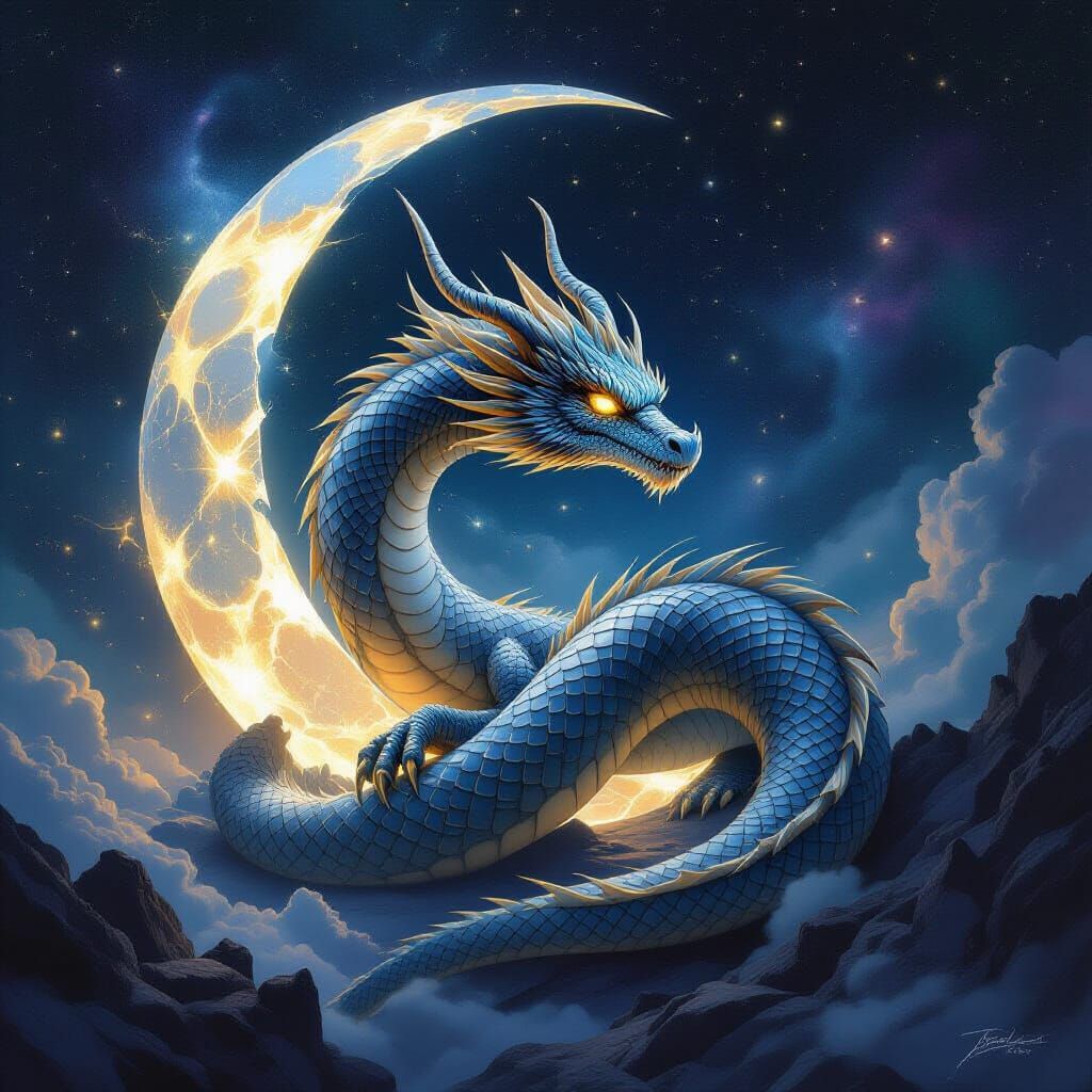 Celestial Dragon Coiled Around Shattered Moon
