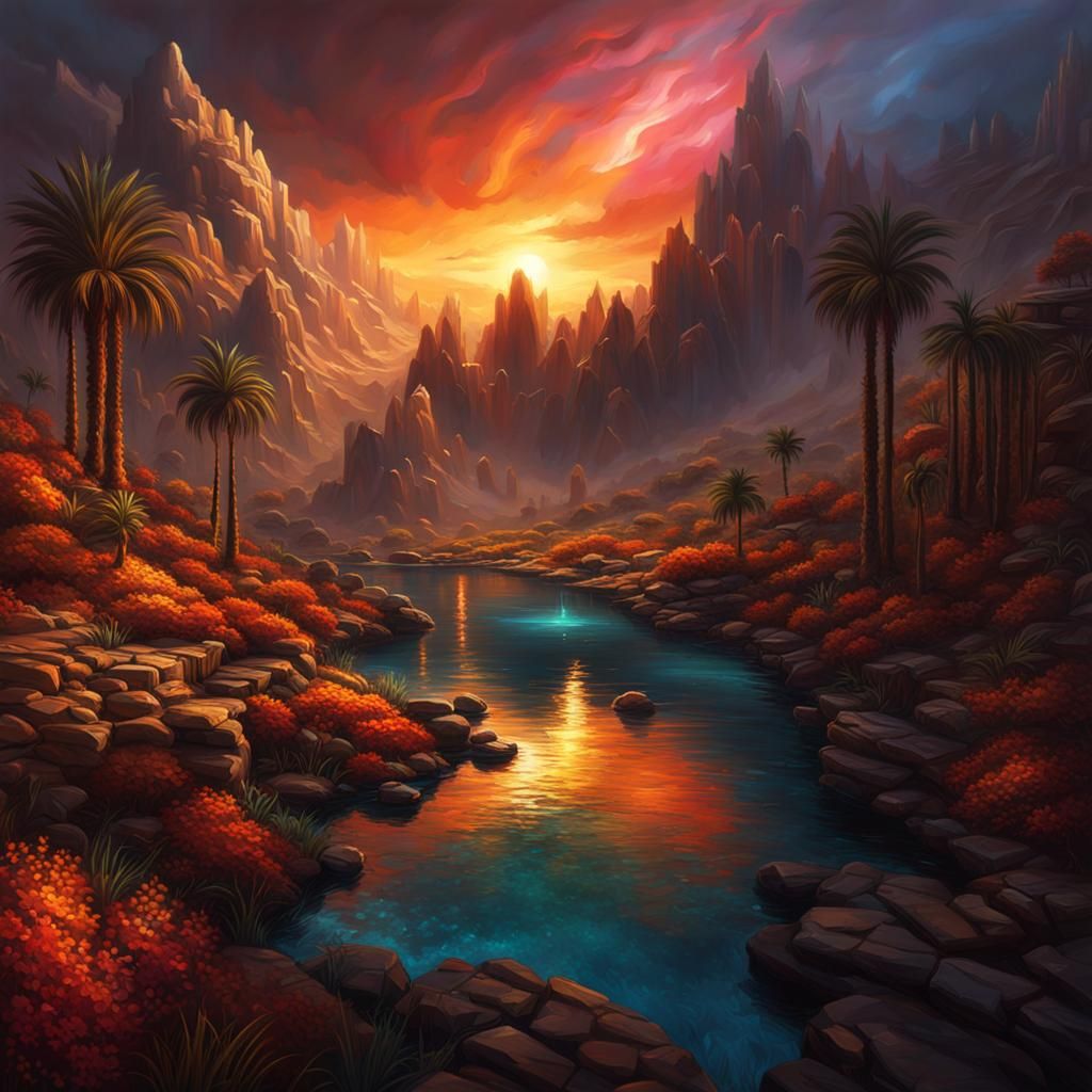 Arabian Light Breaks Through Darkness: Oil Painting