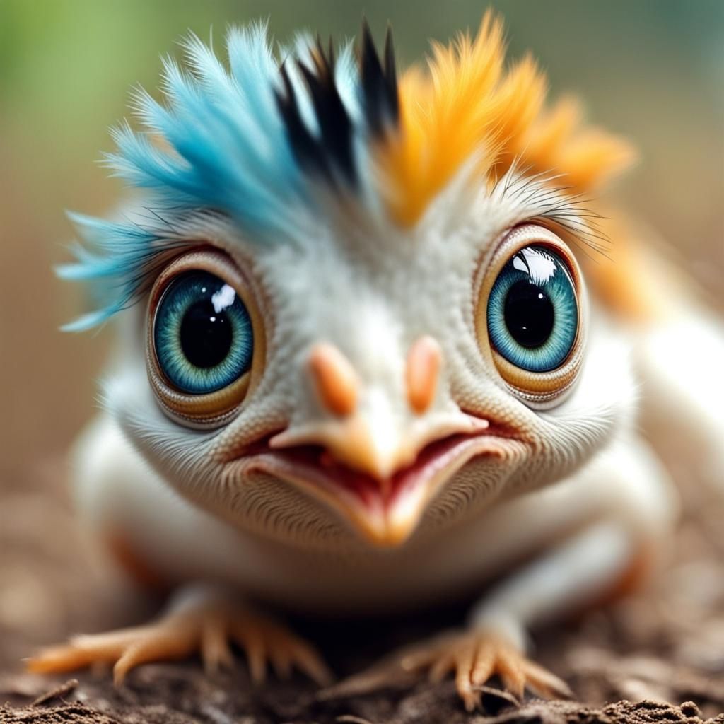 Adorable Chicken-Lizard Hybrid with Anime Eyes