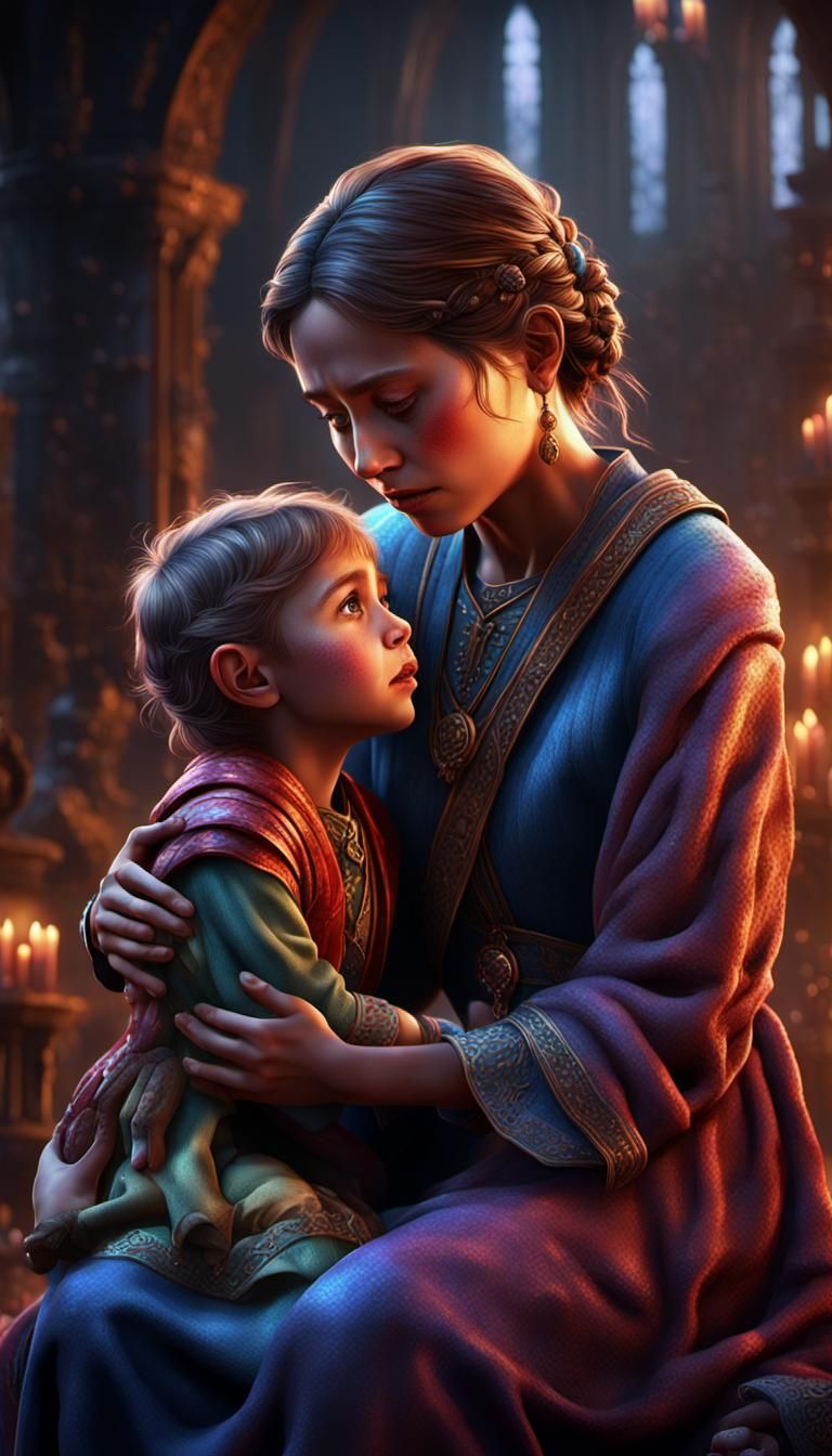 Dramatic 3D Rendering of Lady Comforting Child