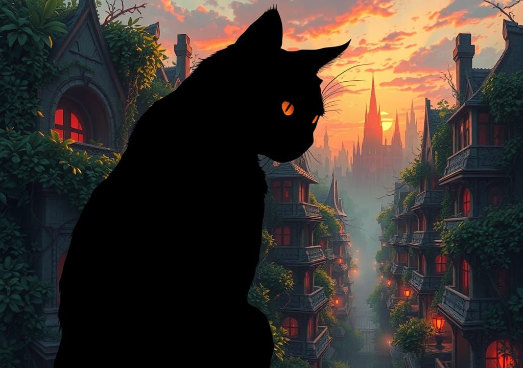 Cityscape Dusk Silhouette in Dark Fantasy Style