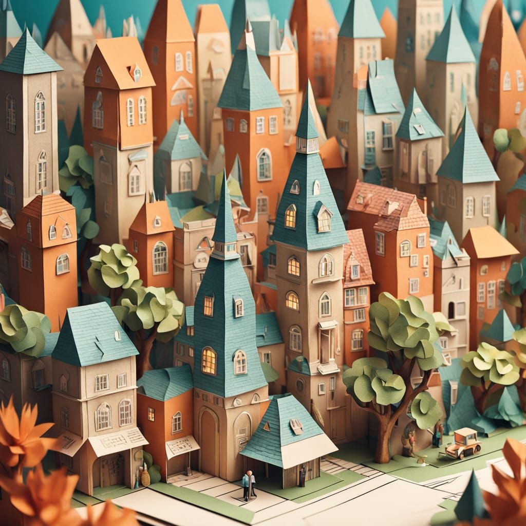 Whimsical Papercraft Character in Miniature City Diorama