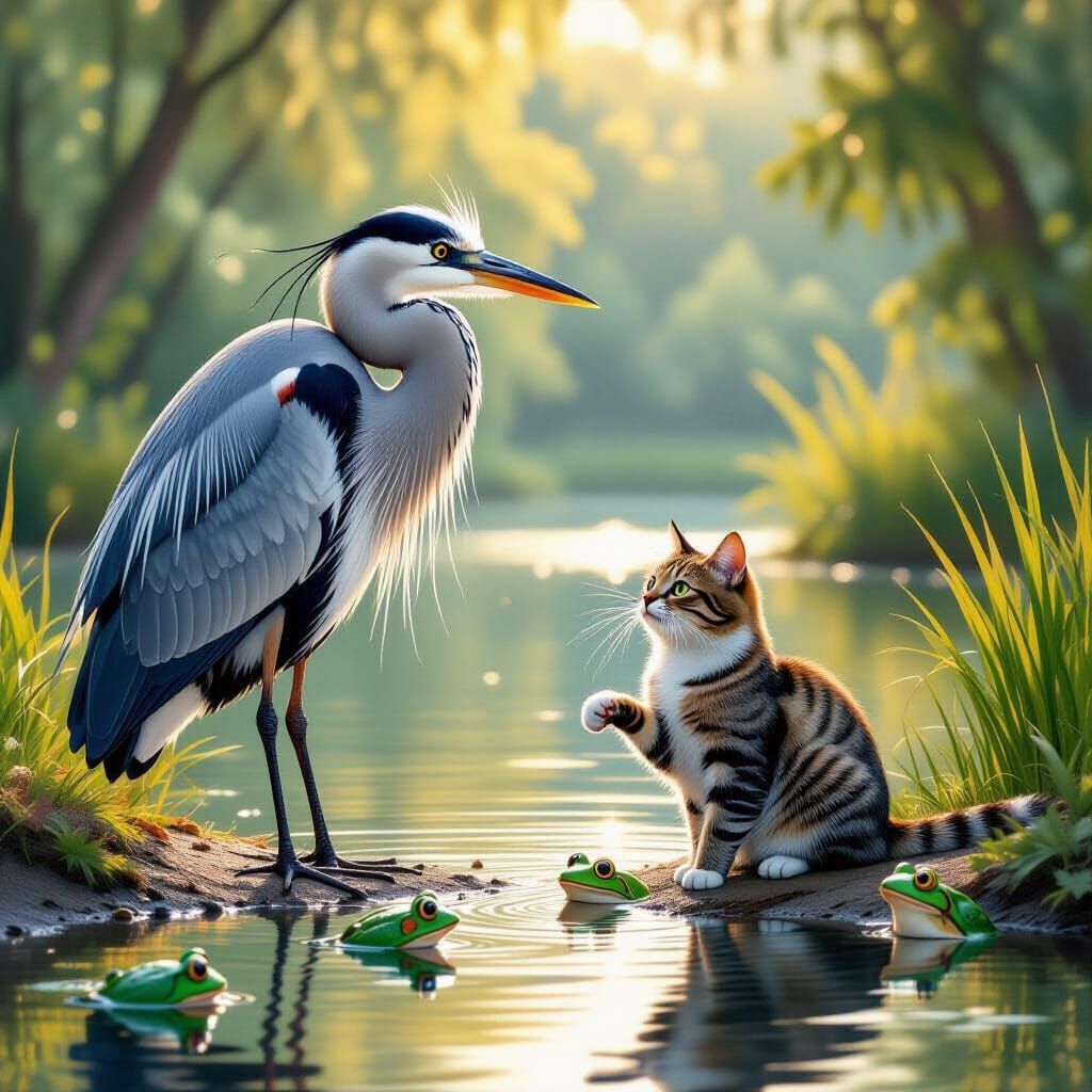 Heron and Cat Mimicry in Morning Lake Splash Art