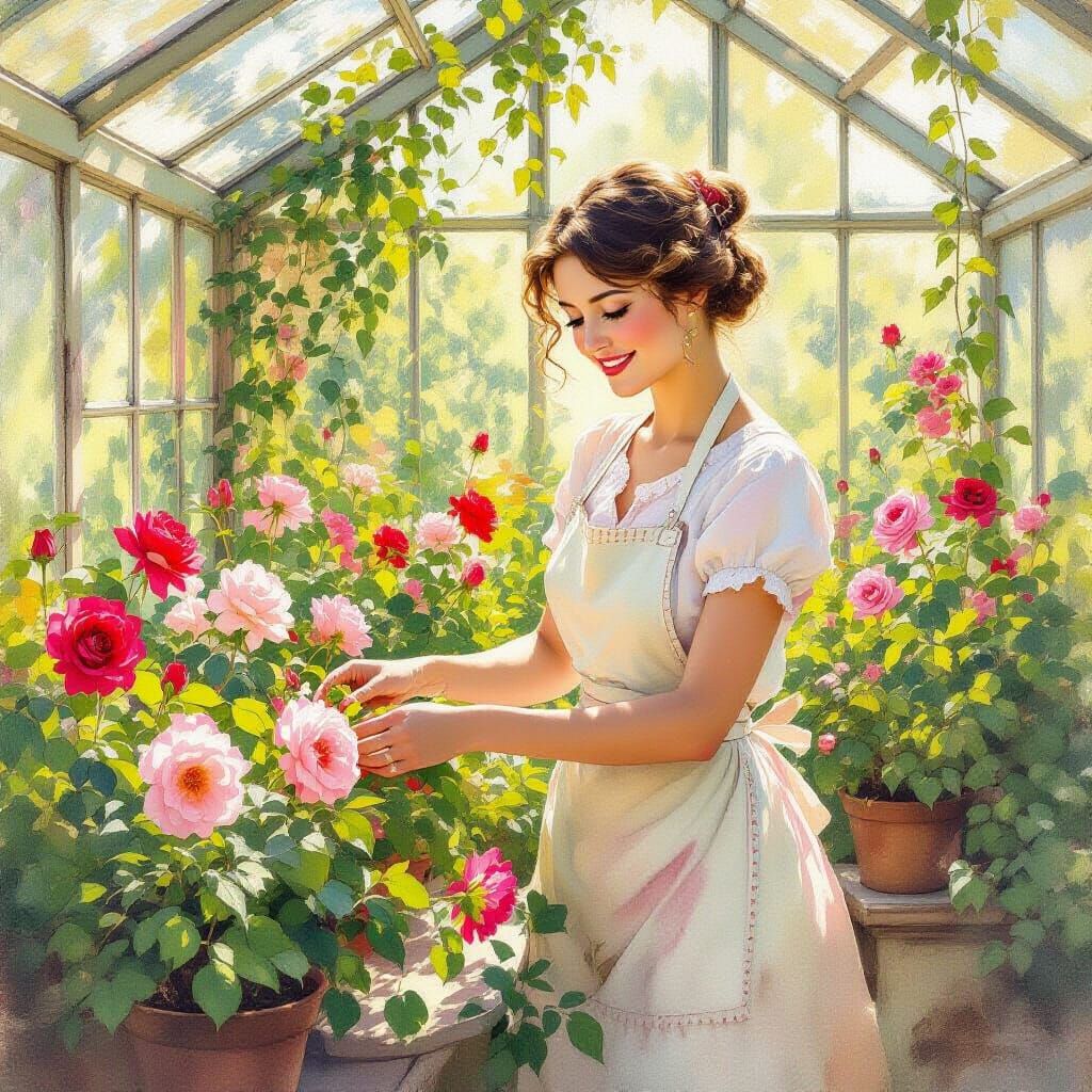 Woman Tending Greenhouse in Loose Watercolor Style