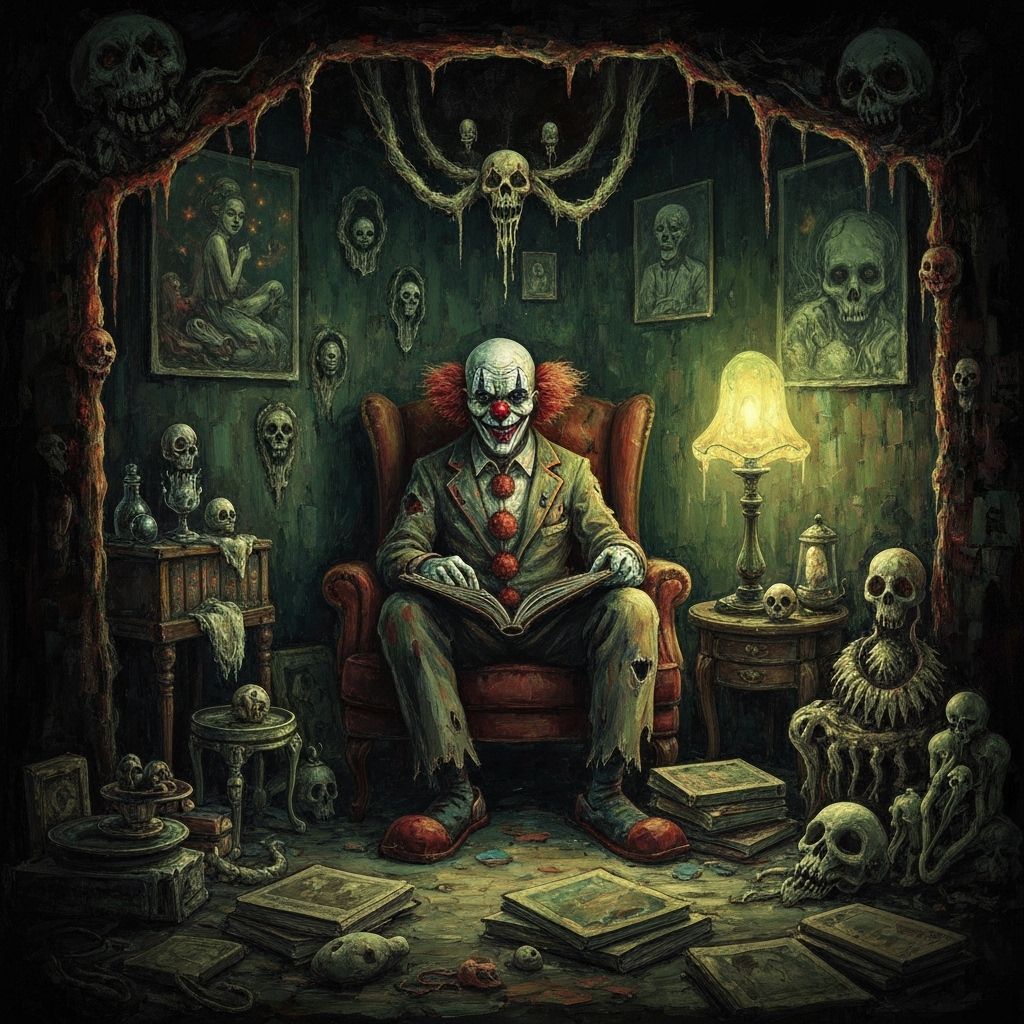 Grotesque Clown Reading Nook: Impasto Gouache Style