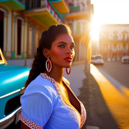 Cuban Woman in Havana Street Scene, Hyperdetailed Portrait