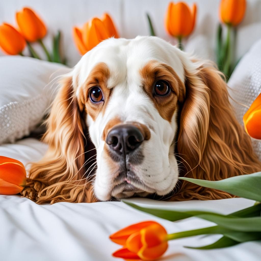 Anime Cocker Spaniel with Tulips in Bed