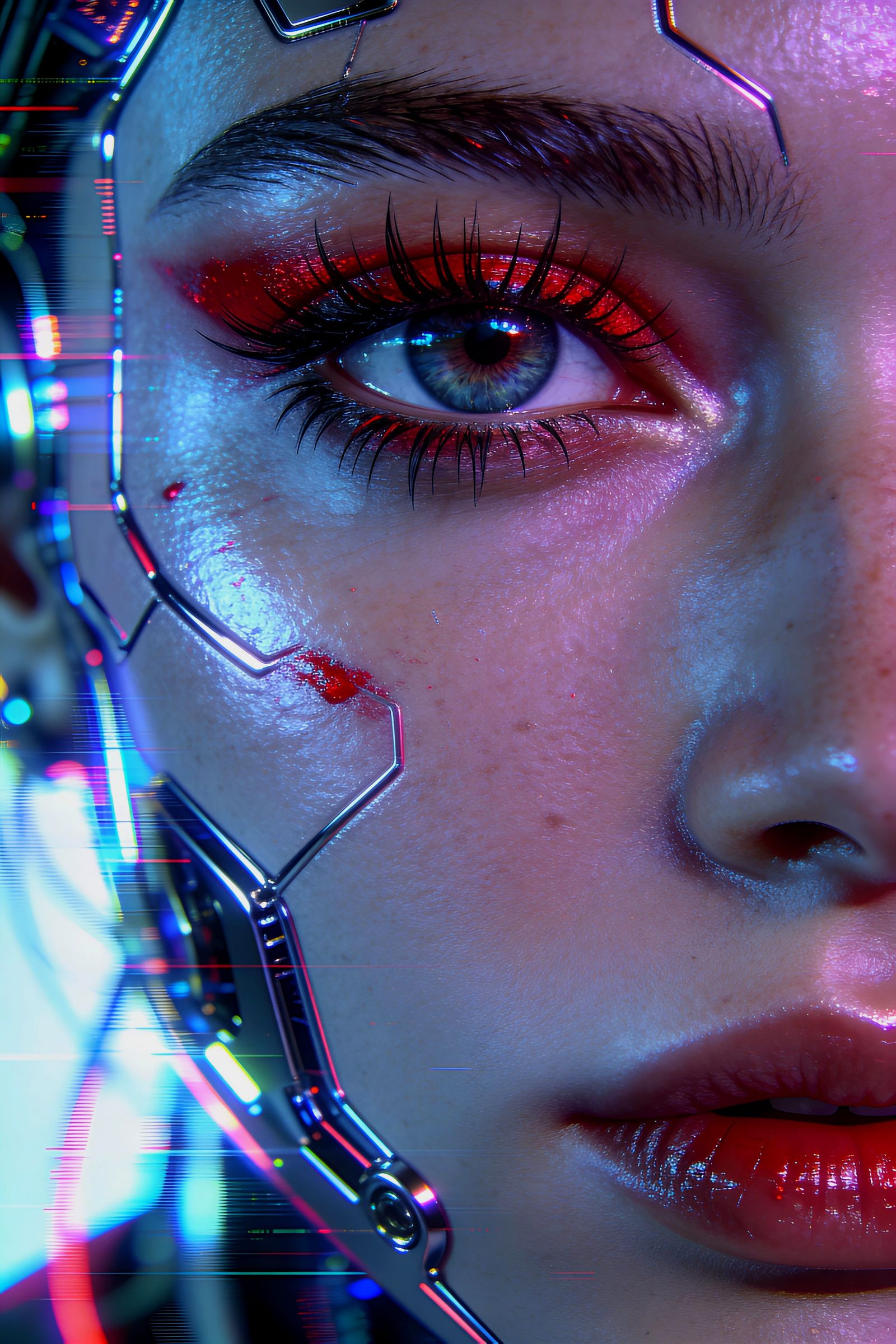 Ethereal Cybernaut with Crimson Eyes in Cinematic Closeup