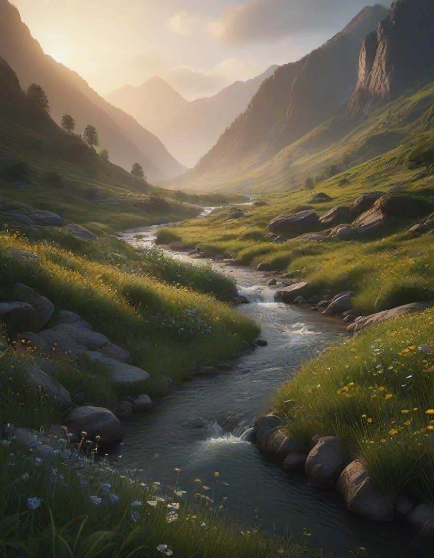 Lush Valley Sunrise with Glowing Wildflowers
