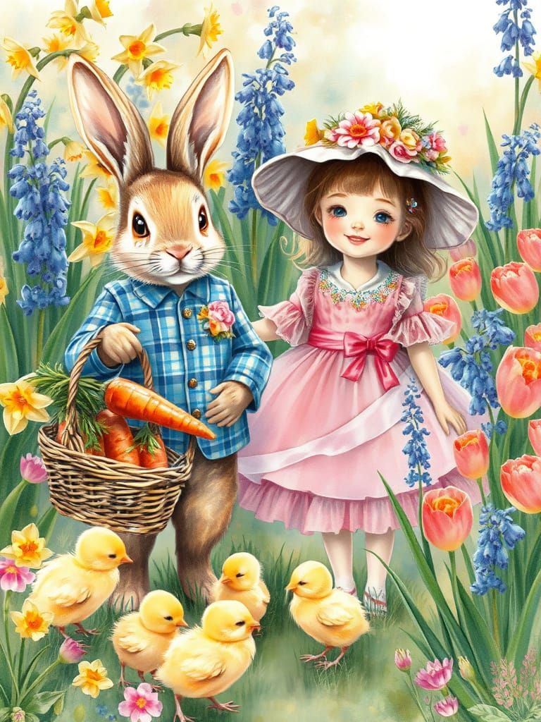 Ethereal Springtime Garden Scene in Whimsical Watercolor Sty...