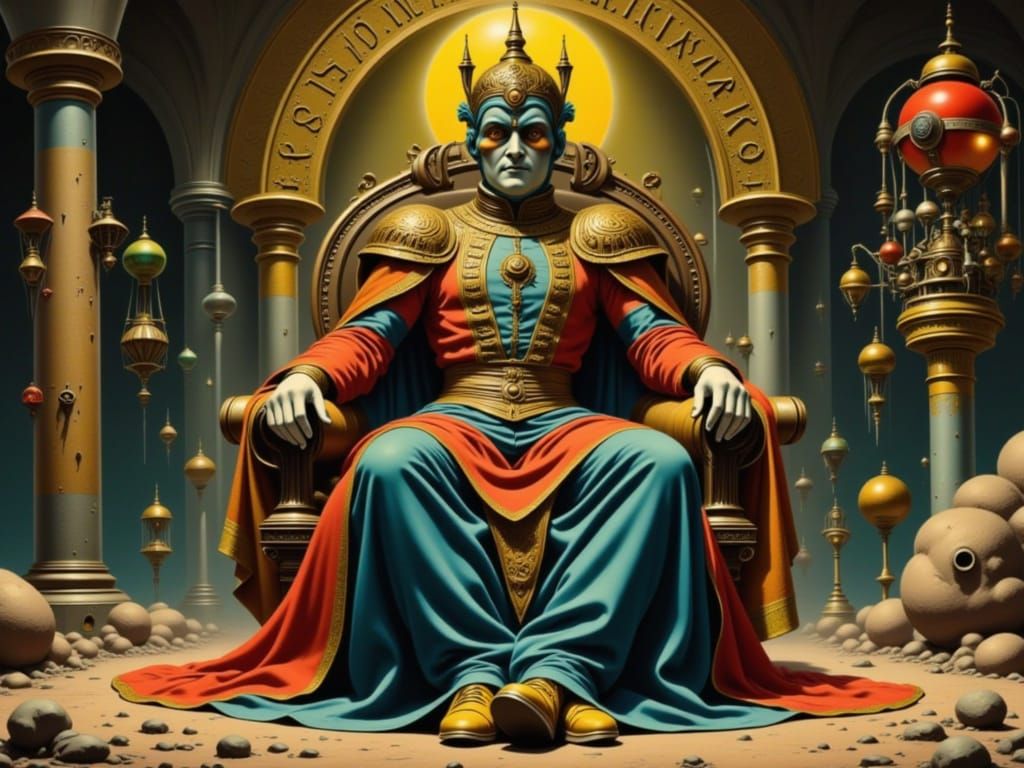 Regal Figure on Throne in Vintage-Futurism Style