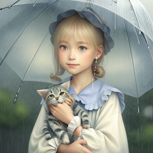Girl and Kitten in Rainy Watercolor Dreamscape