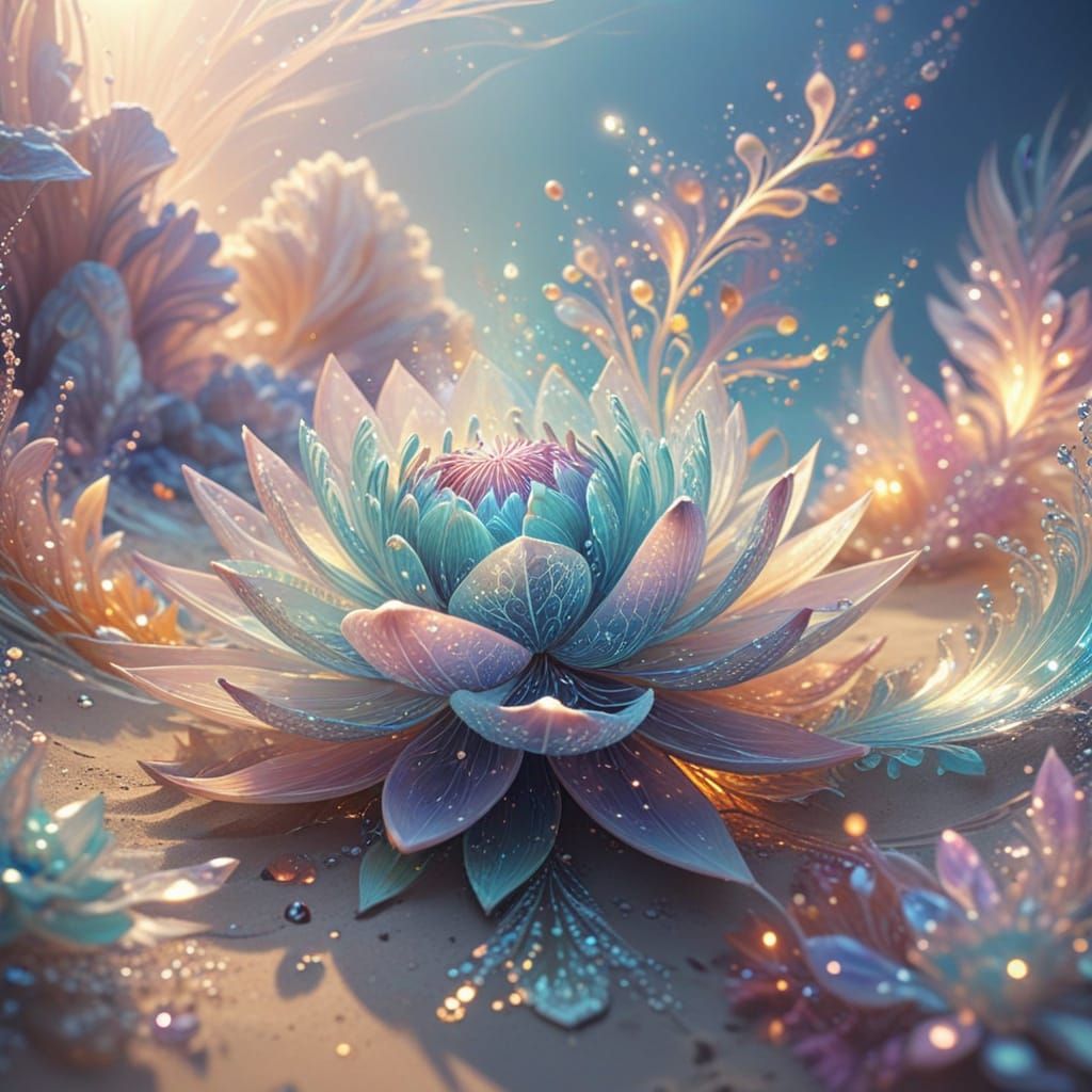 Surreal Oil Painting of Celestial Lotus in Dreamlike Beach S...