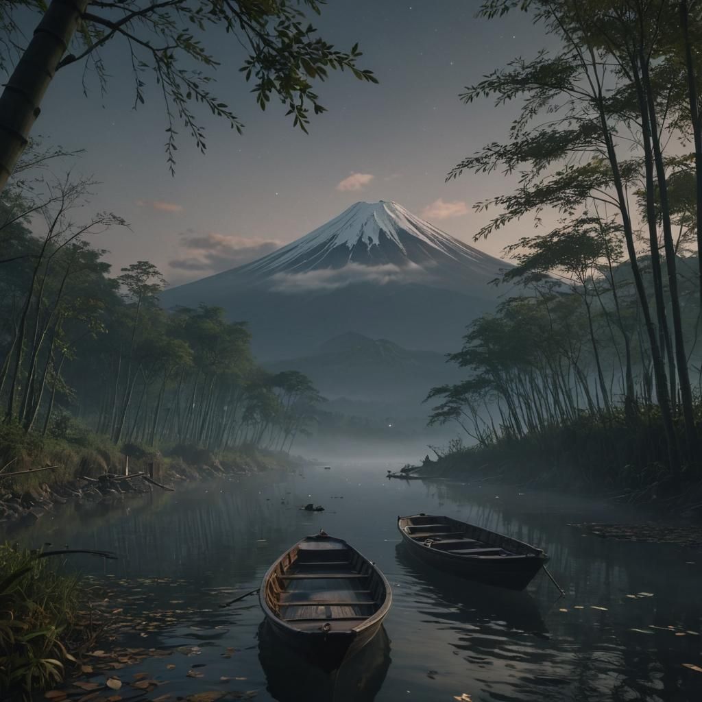Nighttime Mt. Fuji in Hyperrealistic 3D Style