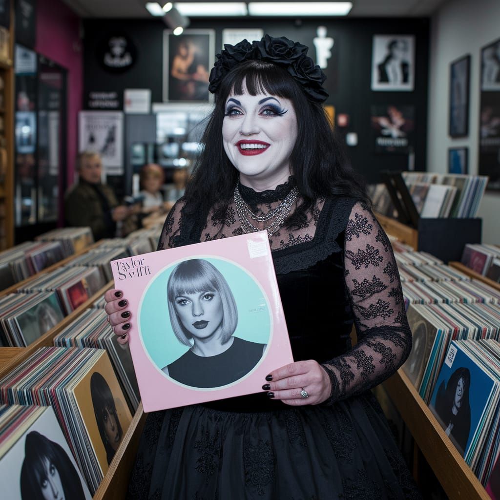 Goth Woman with Taylor Swift Vinyl in Record Store