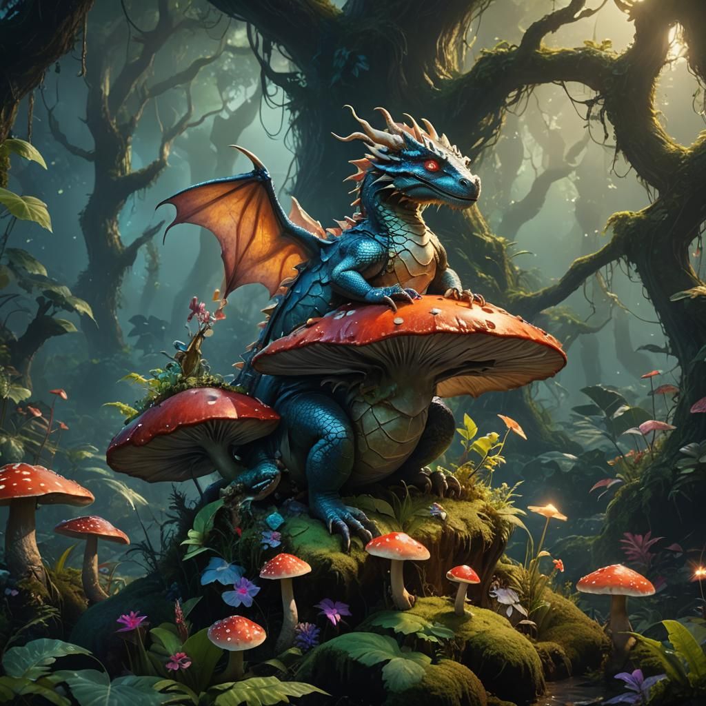 Lush Magical Forest with Dragon: Fantasy Matte Painting