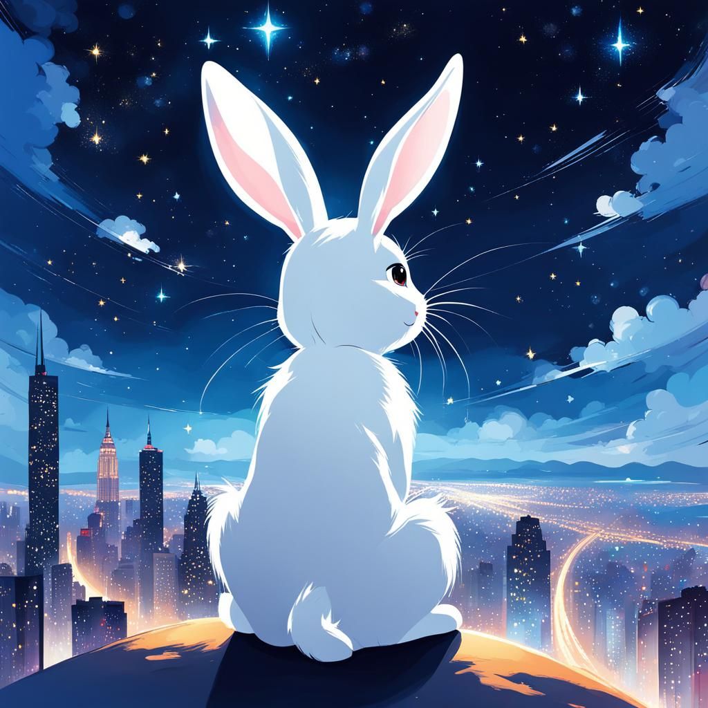 Starlight Bunny Under Night Sky, Digital Art